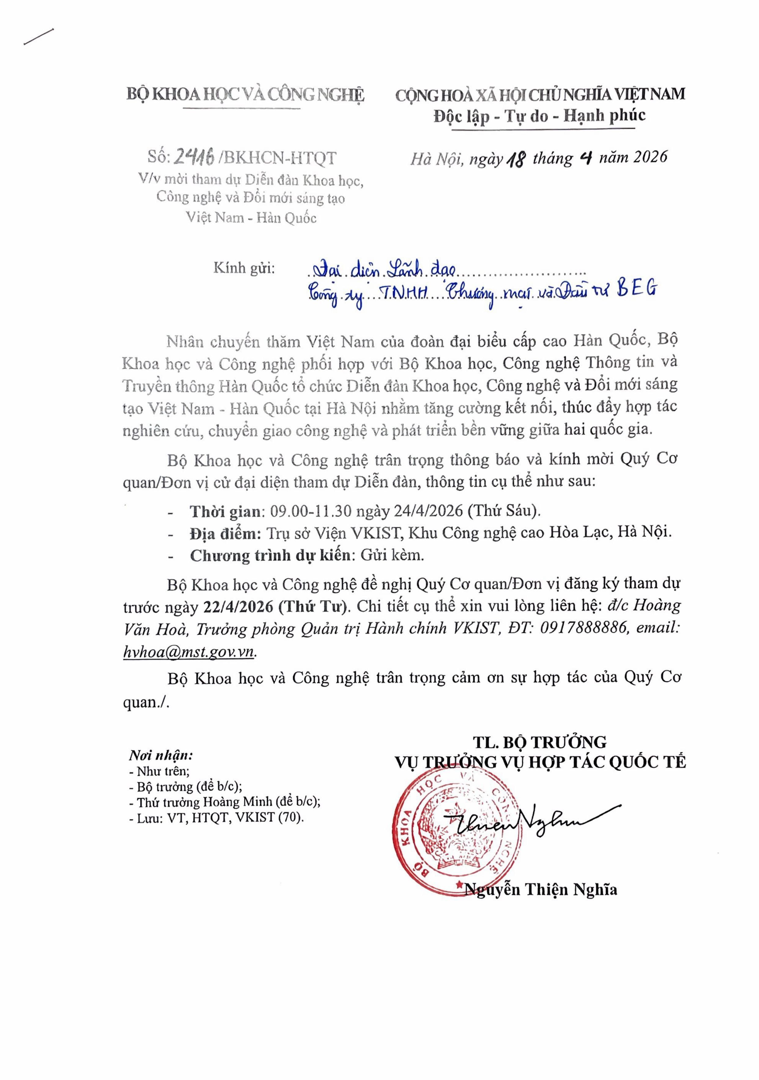 BEG Vinh Dự Tham Gia Diễn Đàn Khoa Học, Công Nghệ Và Đổi Mới Sáng Tạo Việt Nam – Hàn Quốc 2026